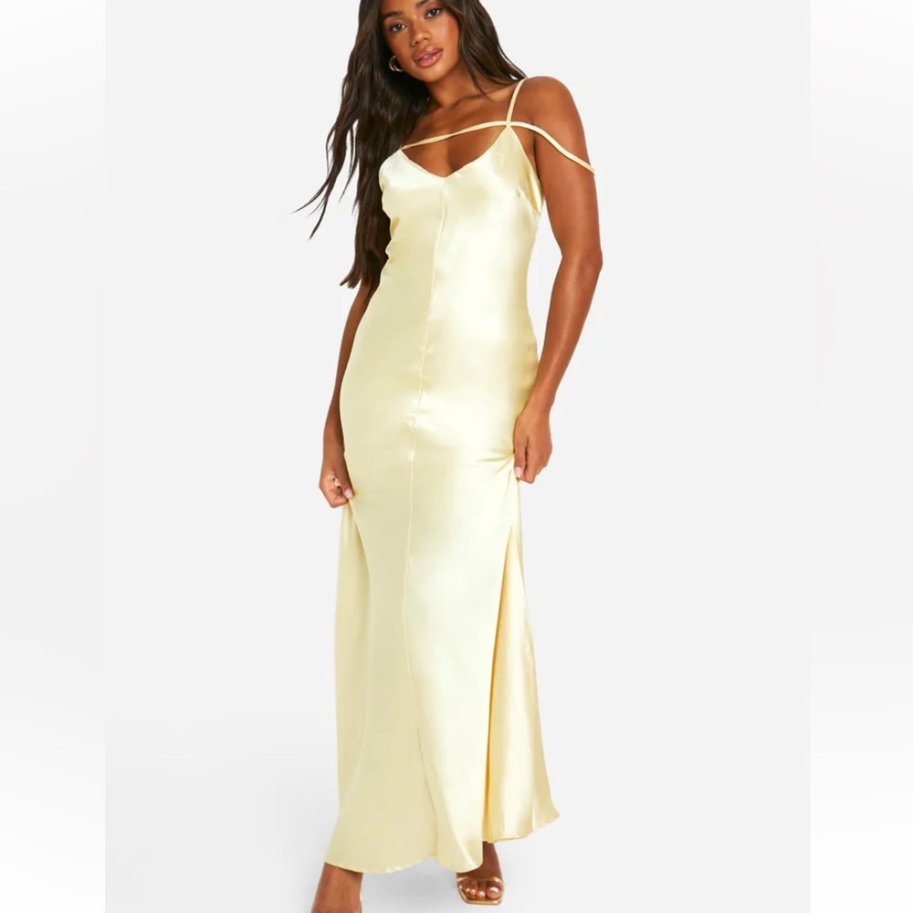 Boohoo Pale Yellow Satin Slip Dress with Strappy Shoulders